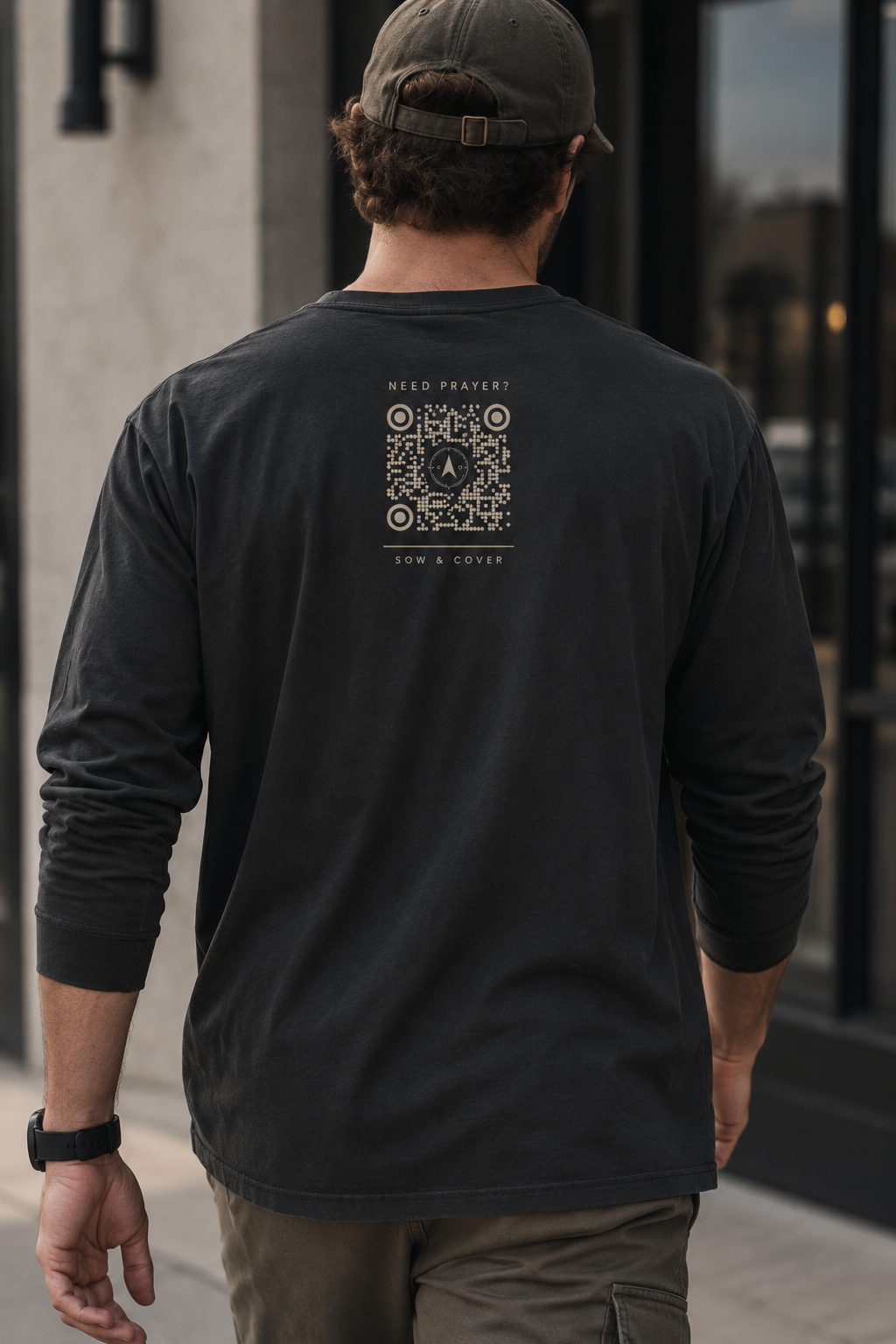 Back of the Sow & Cover long-sleeve tee with a QR code that reads Need Prayer? above the Sow & Cover wordmark