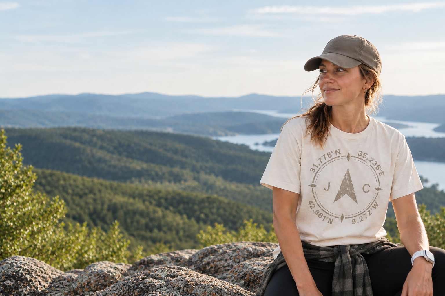 Woman wearing the cream Sow & Cover compass coordinates tee overlooking a mountain lake in natural daylight
