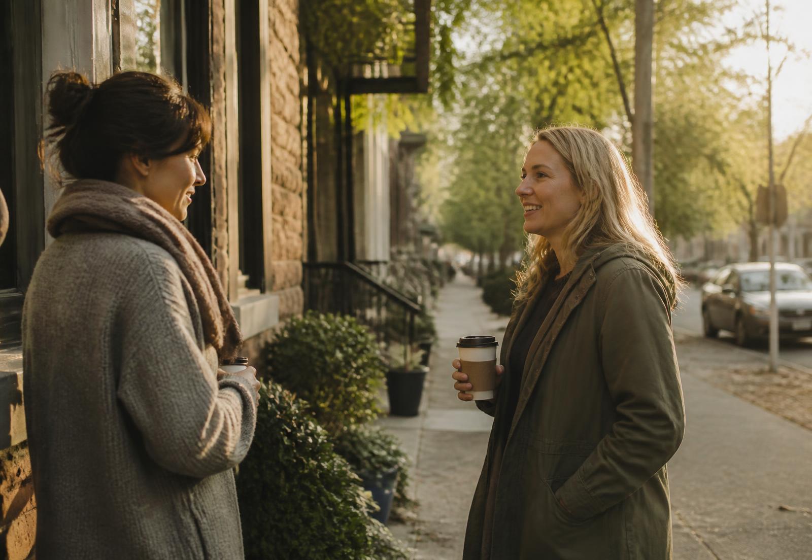 Two people talking on a sidewalk at golden hour
