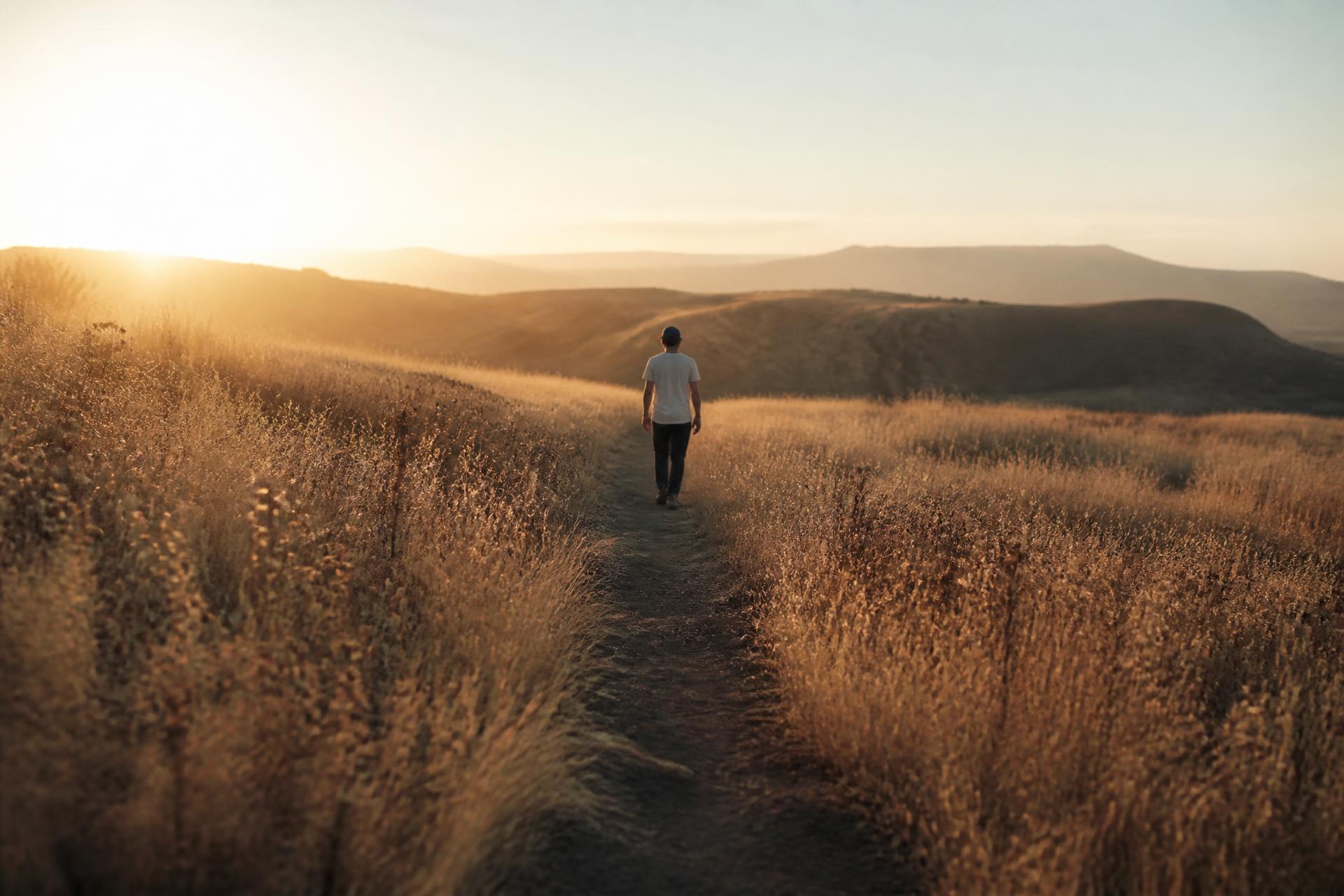A person walking a prairie trail at sunrise