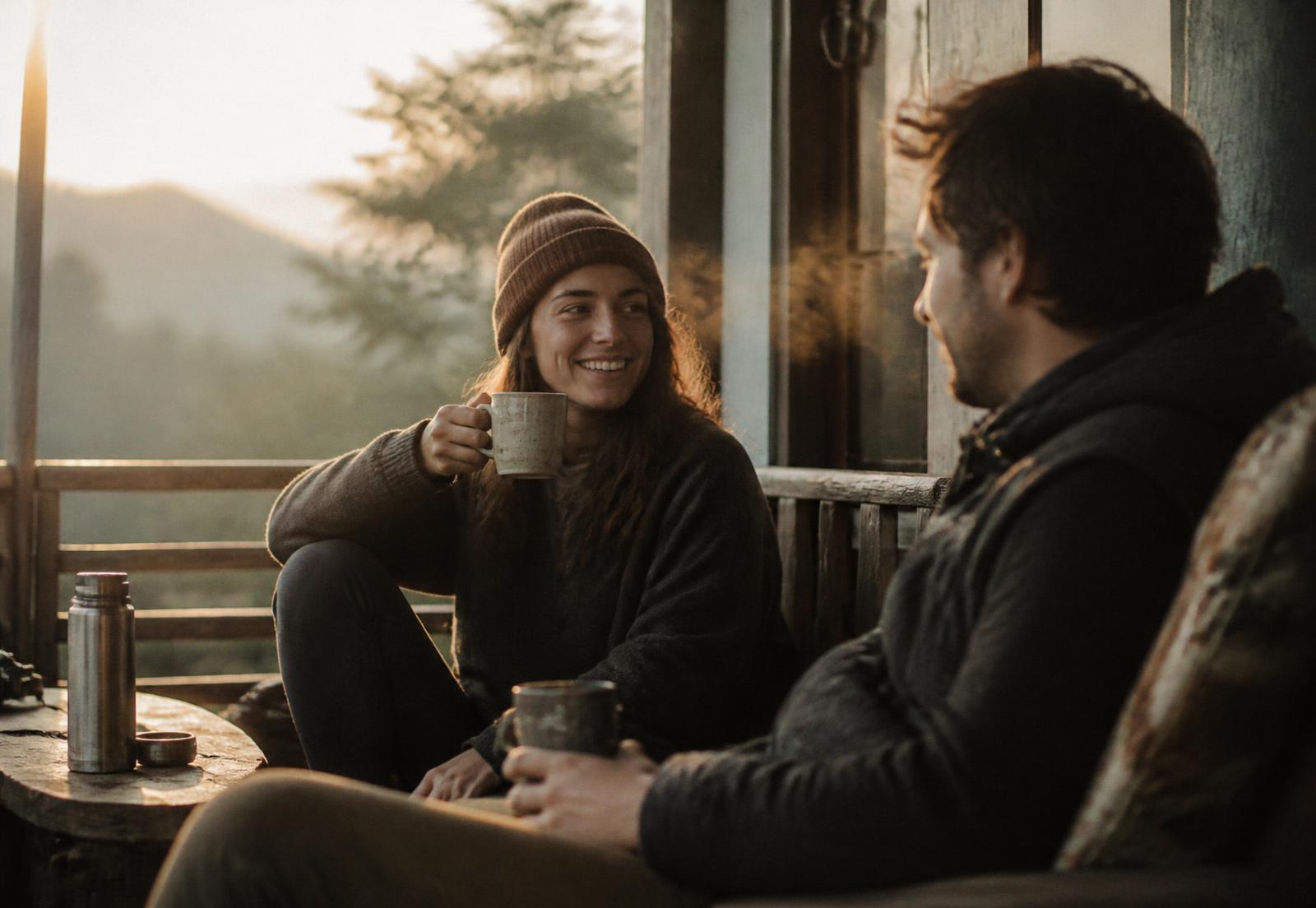 Two friends talking over coffee on a porch at sunrise